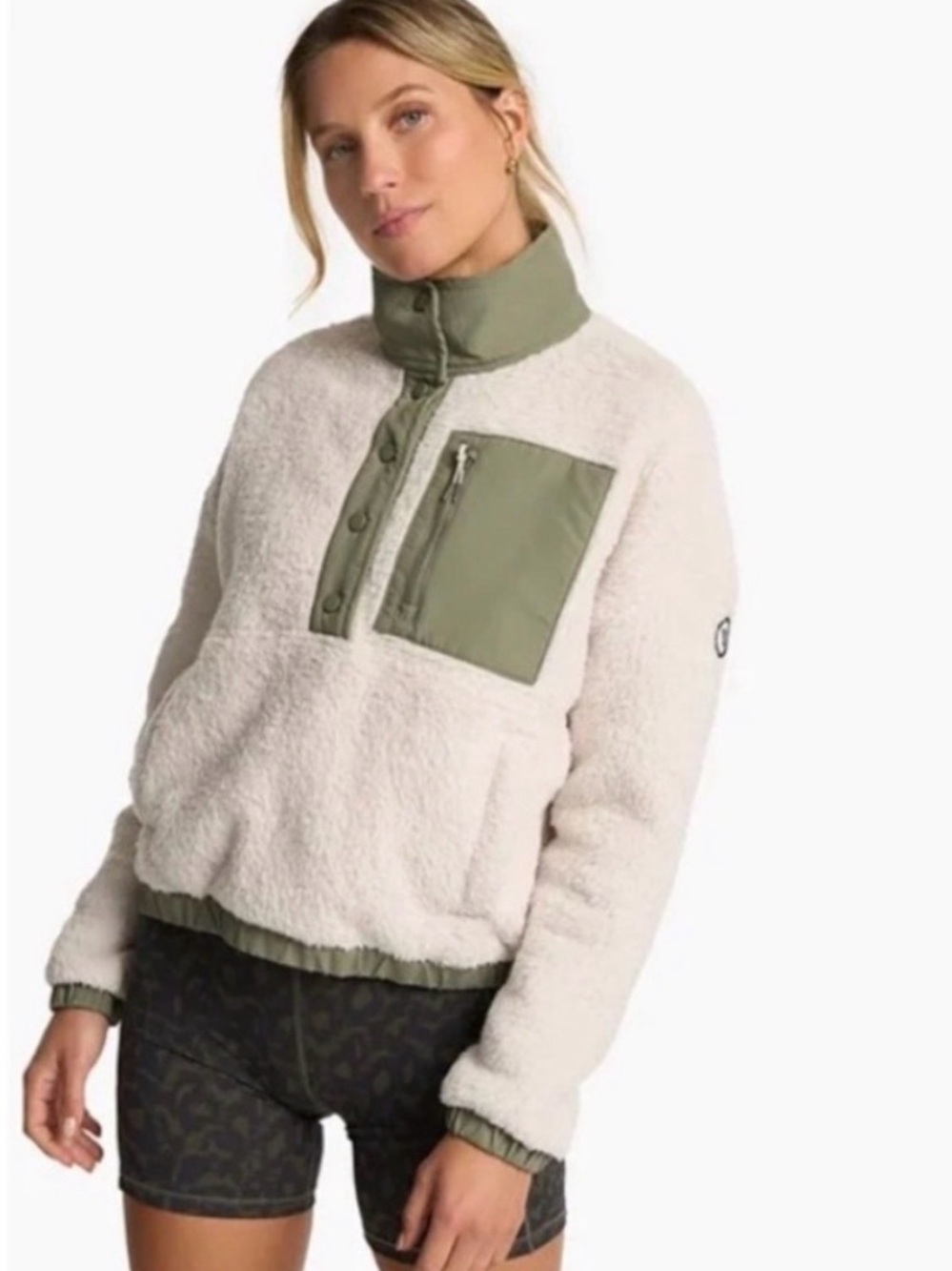 Vuori Cream Sherpa Pullover with Olive Trim